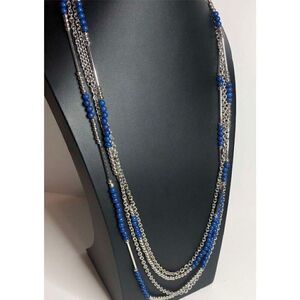 1216 Premier Designs faux lapiz, silver tone beaded chain layer necklace 34-39"